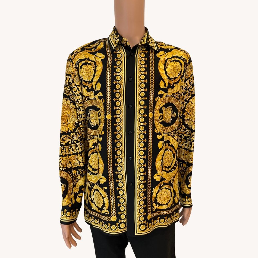 VERSACE BARROCCO SILK TWILL SHIRT IN BLACK + GOLD - Picture 2 of 8